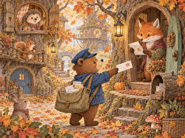 Иллюстрация детской книги: медвежонок-почтальон